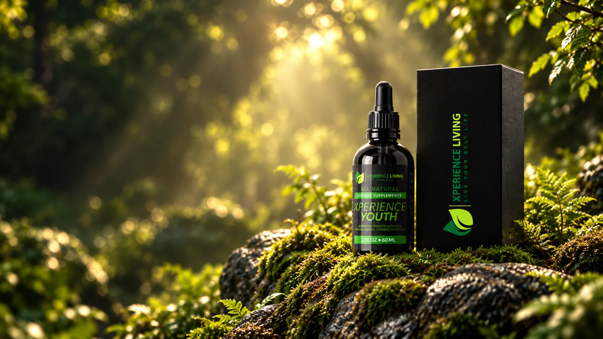Xperience Youth dropper bottle and box on moss in the forest