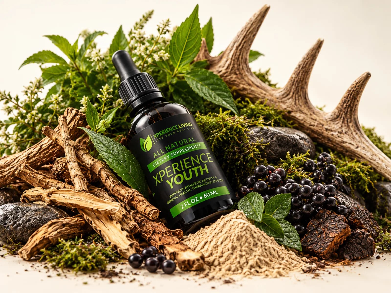 Xperience Youth with natural ingredients: roots, deer antler, berries, and powder