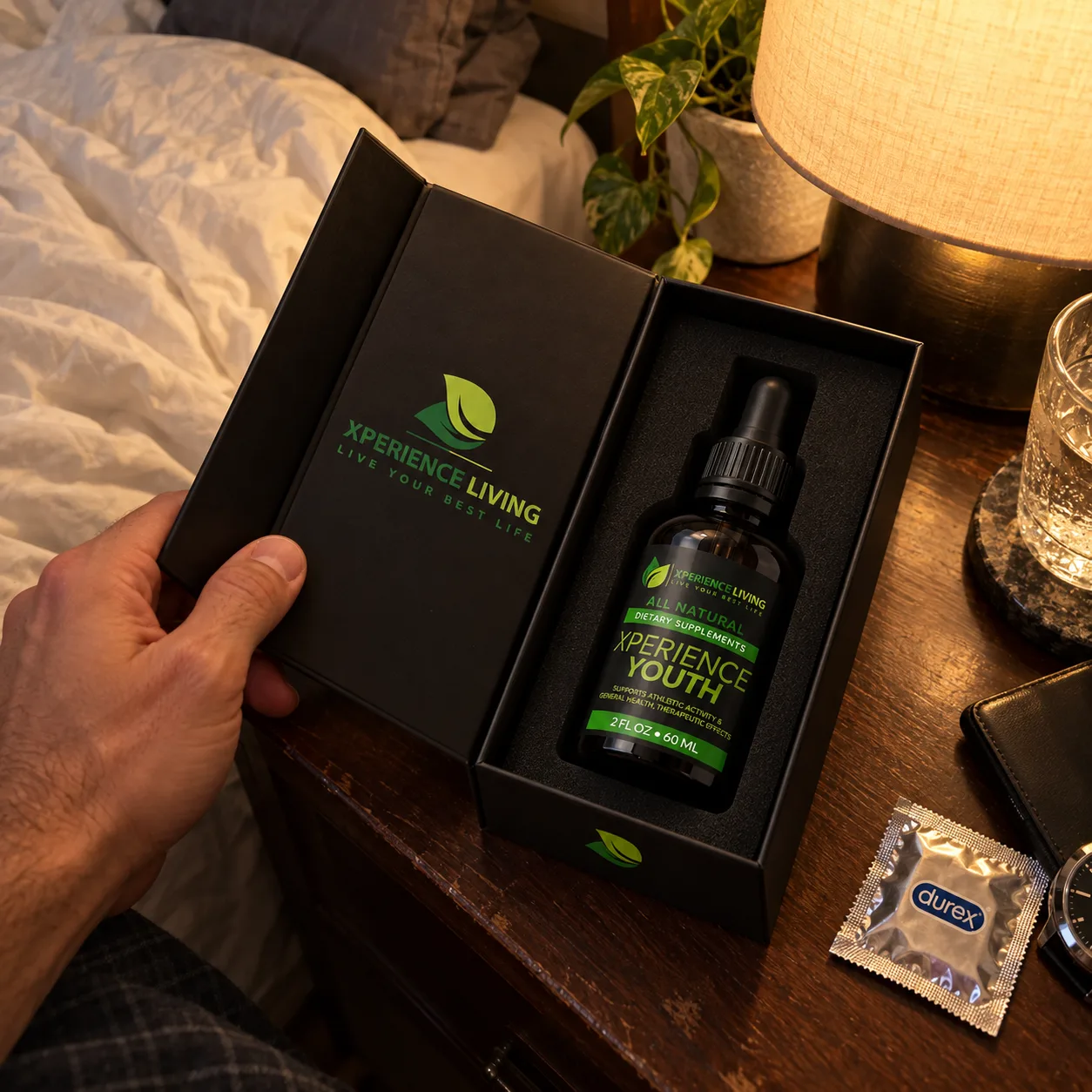 Xperience Youth Liquid in its open gift box on a nightstand