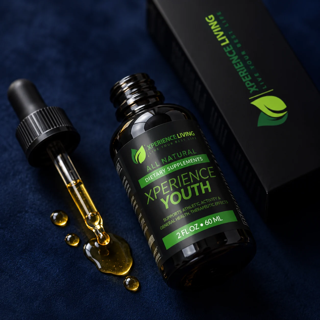 Xperience Youth Liquid bottle with its dropper and liquid drops